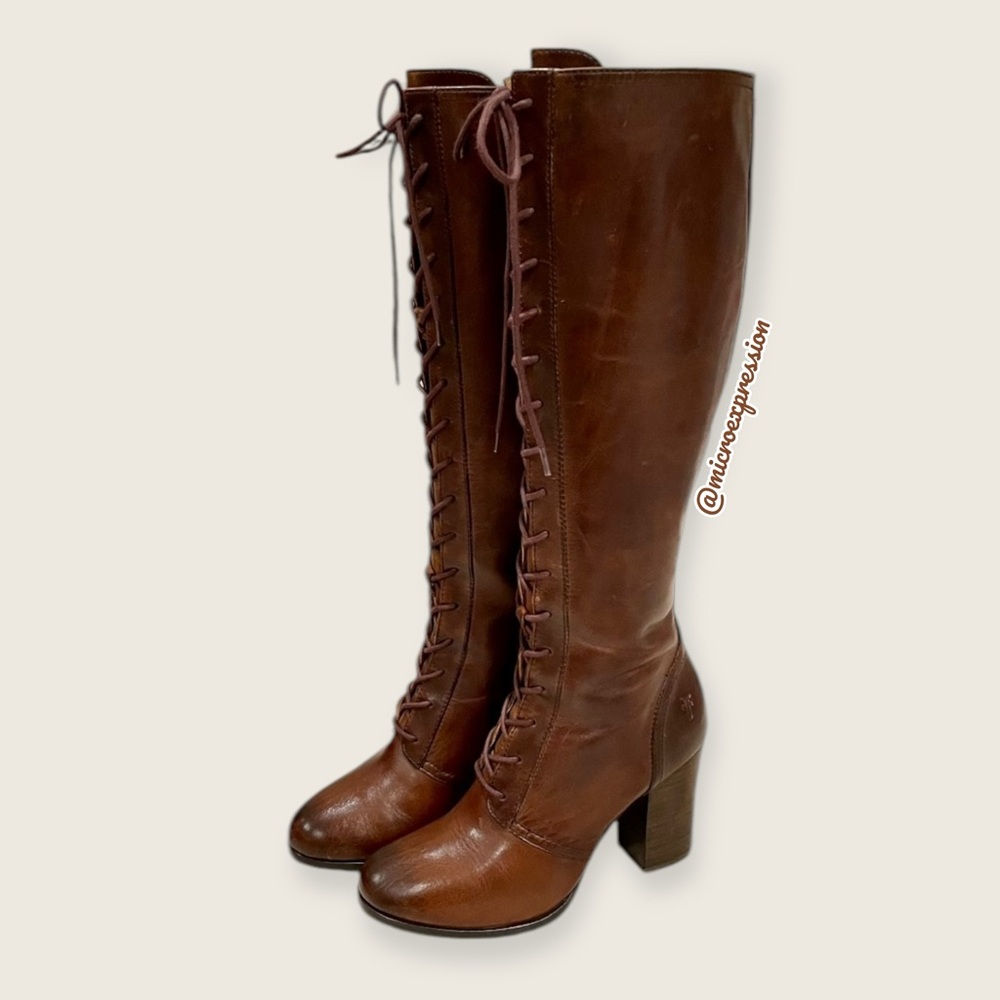 $699 Frye Parker Lace-Up Victorian Brown Leather Tall Boho Heeled Knee High Boot - Picture 6 of 16